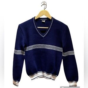 Navy blue/white striped V-neck sweater